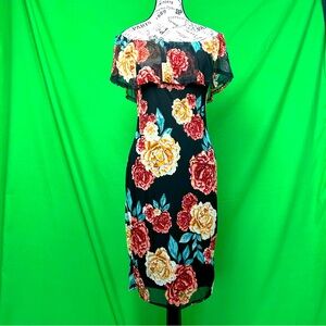 NWOT 1990s black and pink floral print off the shoulder dress with ruffled neck.